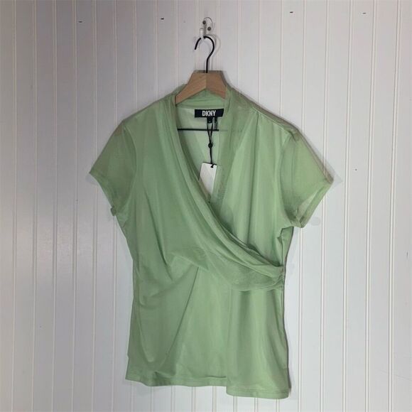 DKNY NWT Mint Green Mesh Wrap Top XL | Y2K Minimalist Layered V-Neck Blouse - Picture 1 of 8